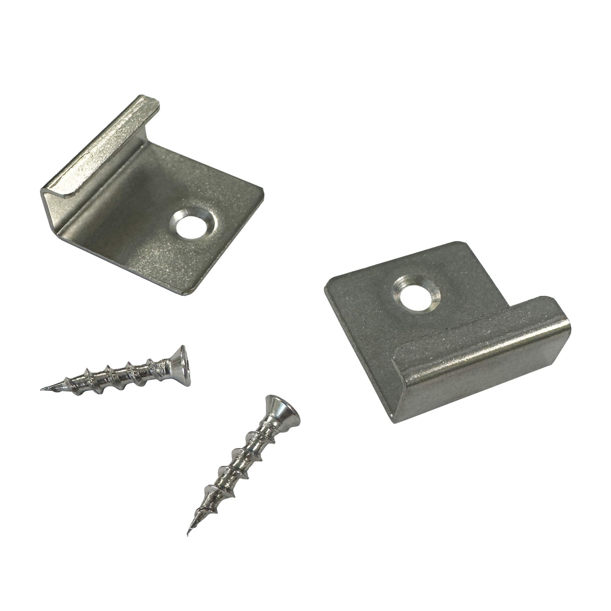 Pair of Stainless Steel Starter Clips and screws on a white background.