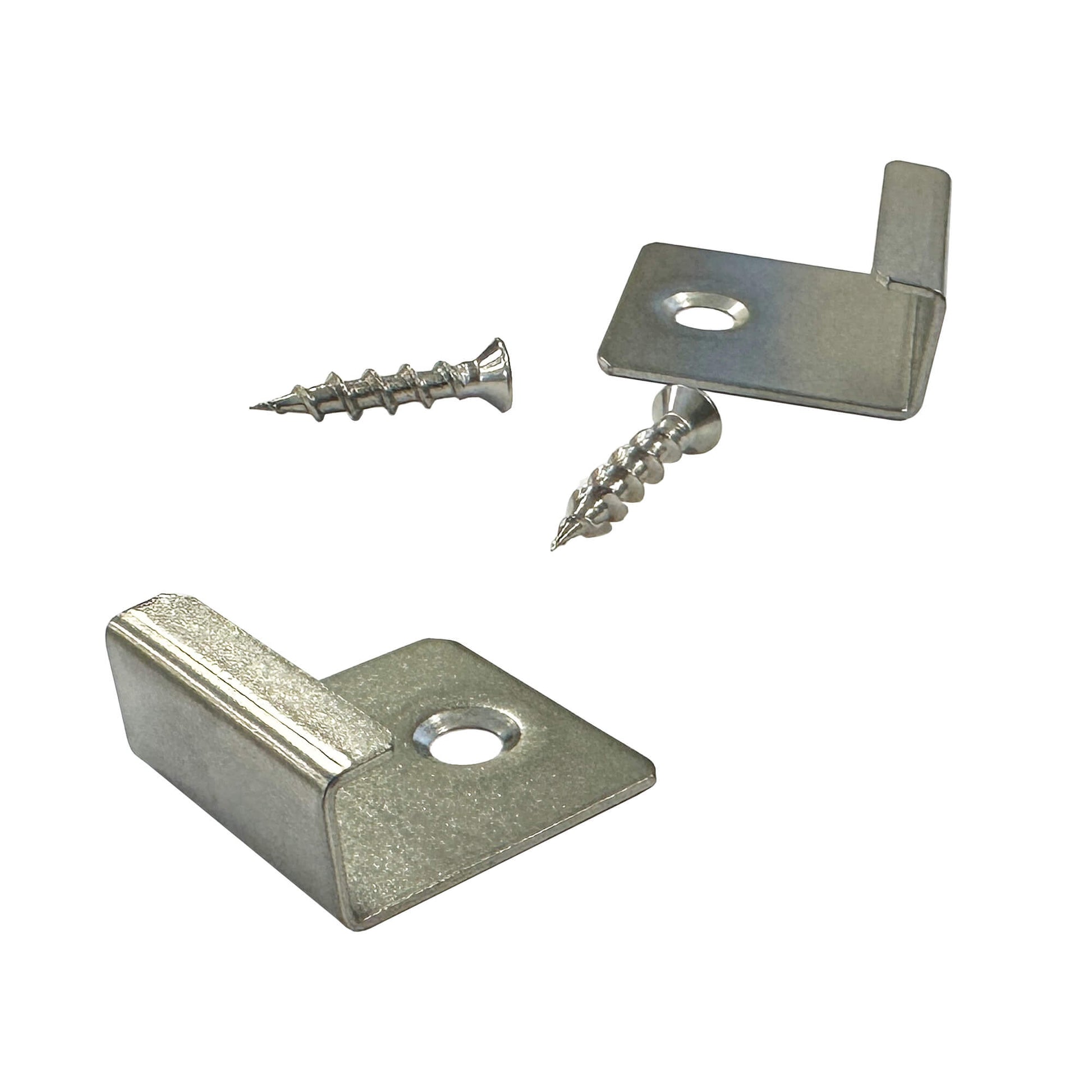 Two Stainless Steel Starter Clips and screws on a white background.